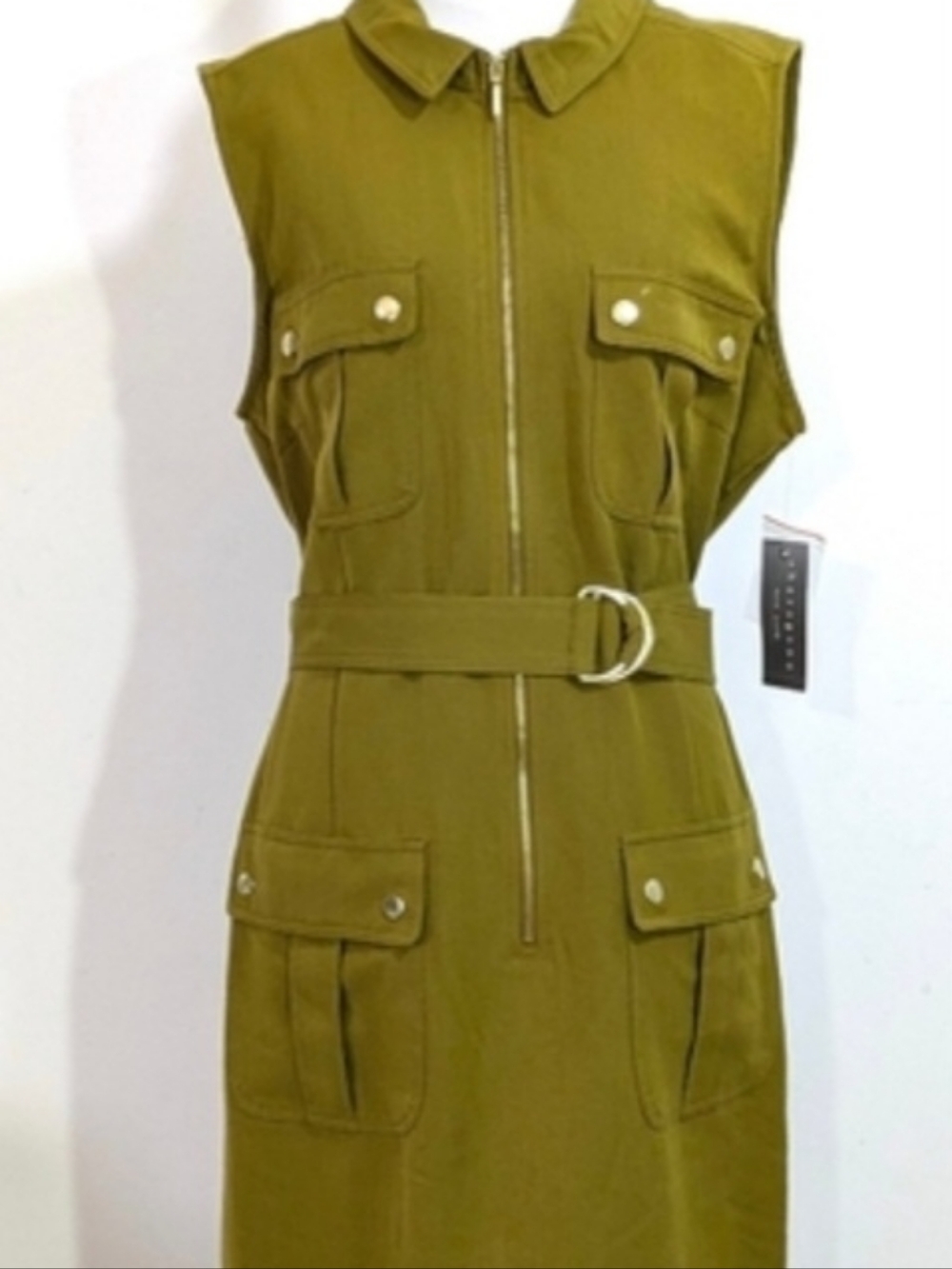 NEW Sharagano Green Utility Style Dress / Belted Shirtdress - Size 16 Womens - Picture 2 of 4